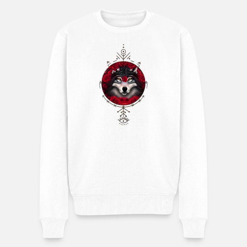 Wunderbarer Wolf mit Blumen. - Männer Premium Bio Pullover - Weiß