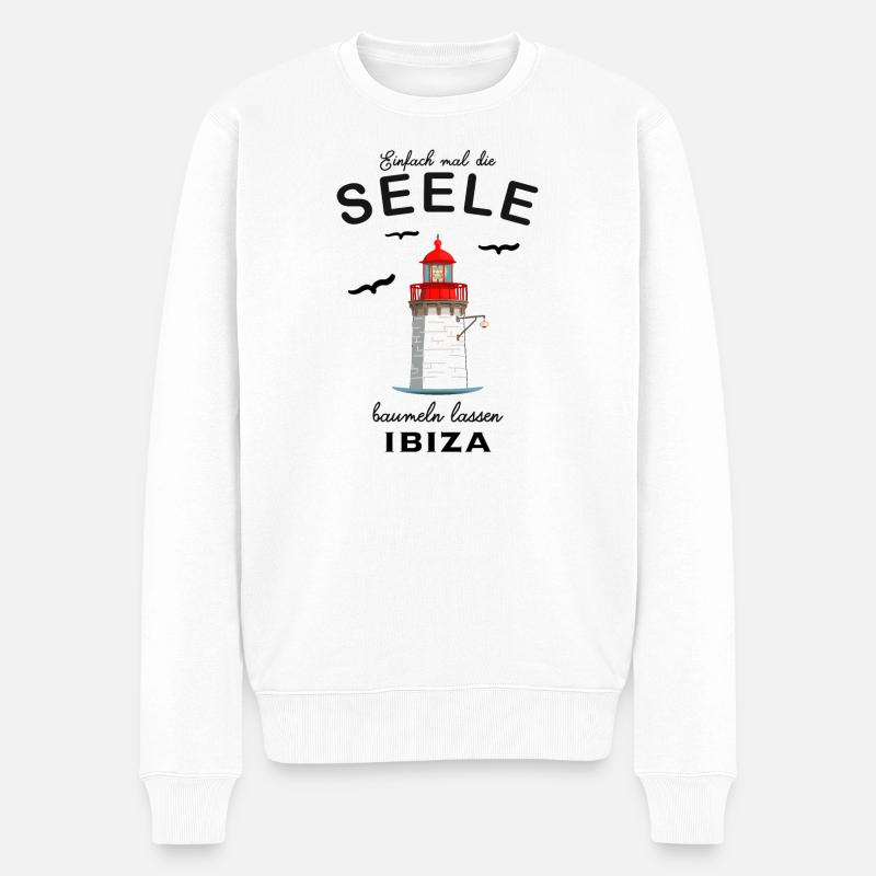 Ibiza, Leuchtturm am Hafen, Seele baumeln lassen - Männer Premium Bio Pullover - Weiß
