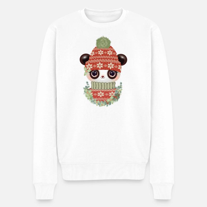niedlicher Panda mit Pullover,Bommelmütze & Kranz - Männer Premium Bio Pullover - Weiß
