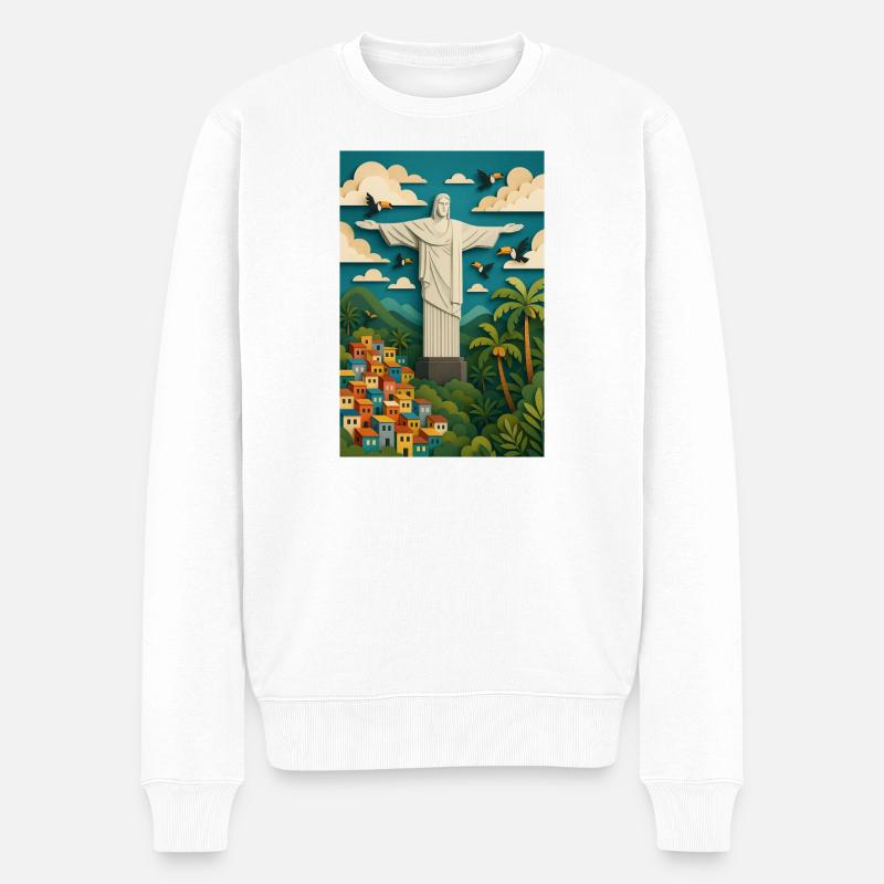 Statue du Christ Rédempteur dans un cadre tropical/Rio - Pull Premium bio Homme - blanc