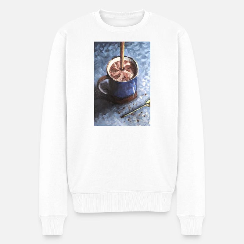 Kaffee-Schoko-Becher mit wirbelnder Kakaokunst - Männer Premium Bio Pullover - Weiß
