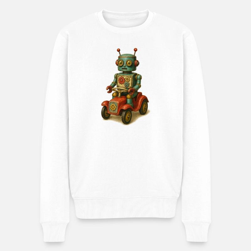 Retro-Roboterspielzeug mit Blechauto - Männer Premium Bio Pullover - Weiß