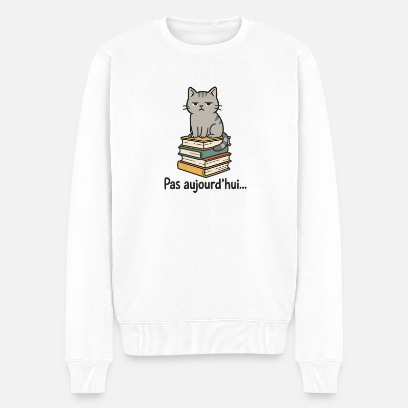 Mürrische Katze auf Bücherstapel - Männer Premium Bio Pullover - Weiß