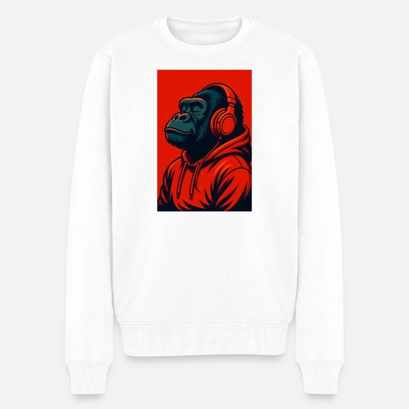Gorilla im Kapuzenpullover mit Kopfhörern - Männer Premium Bio Pullover - Weiß