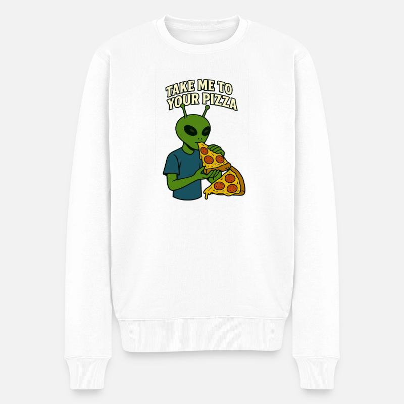 Alien Pizza T-Shirt Design mit Slogan - Männer Premium Bio Pullover - Weiß