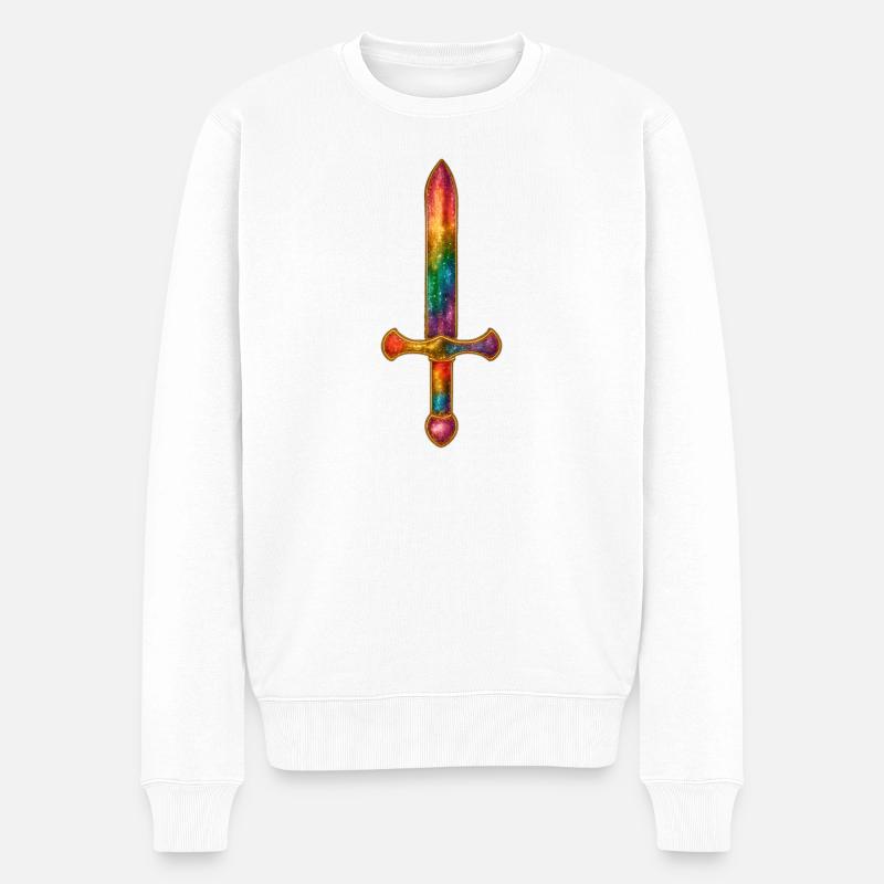 Regenbogen Schwert mit Goldumrandung - Männer Premium Bio Pullover - Weiß