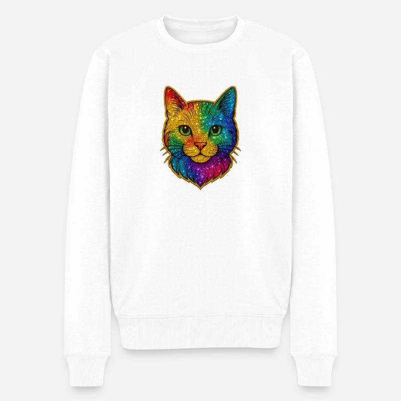 Tête de chat arc-en-ciel paillettes - Pull Premium bio Homme - blanc