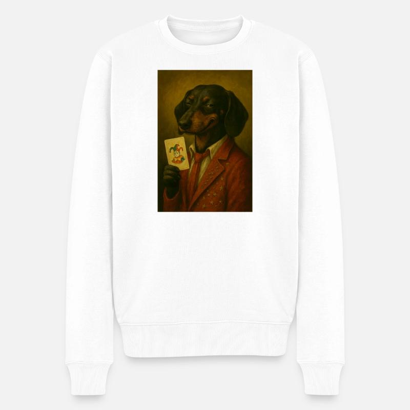 Dackel im Sternenanzug mit Jokerkarte - Männer Premium Bio Pullover - Weiß