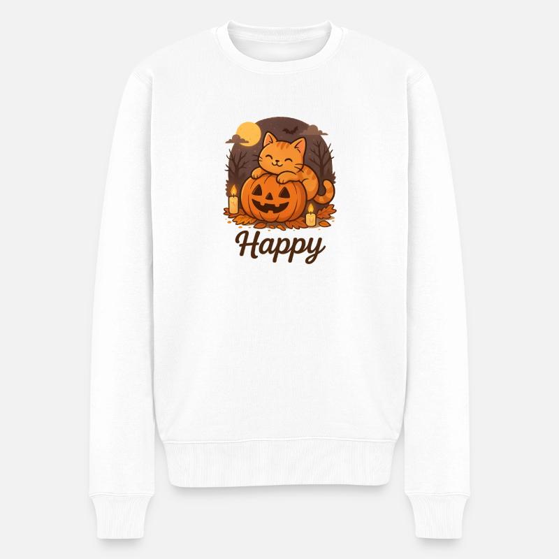 Halloween Braune Katze – Glücklich - Männer Premium Bio Pullover - Weiß