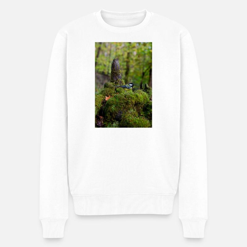 Oiseau de forêt moussu dans une clairière tranquille - Pull Premium bio Homme - blanc