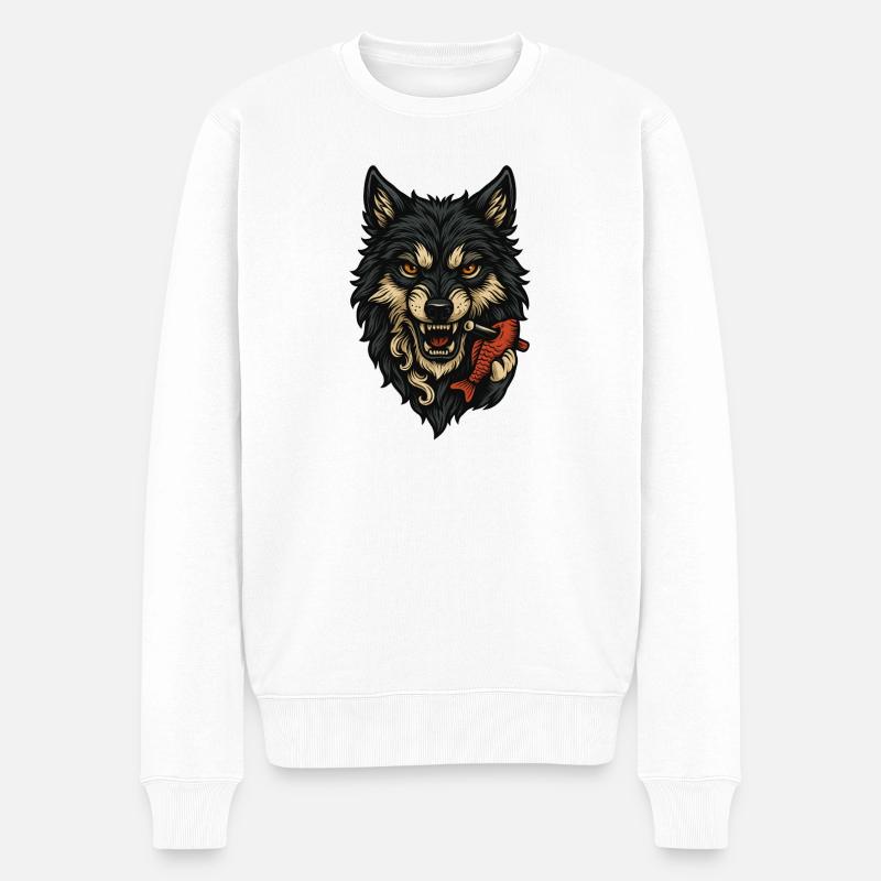 Wildes Wolfsgesicht mit Knochen - Männer Premium Bio Pullover - Weiß