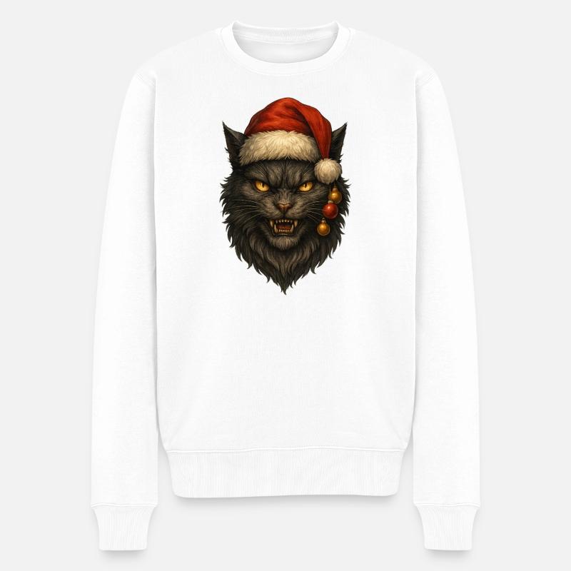 Schwarze Katze mit Weihnachtsmütze - Männer Premium Bio Pullover - Weiß
