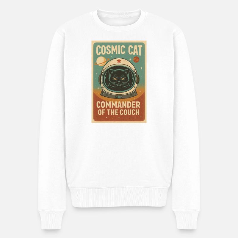 Cosmic Cat – Commander of the Couch | Retro Design - Männer Premium Bio Pullover - Weiß