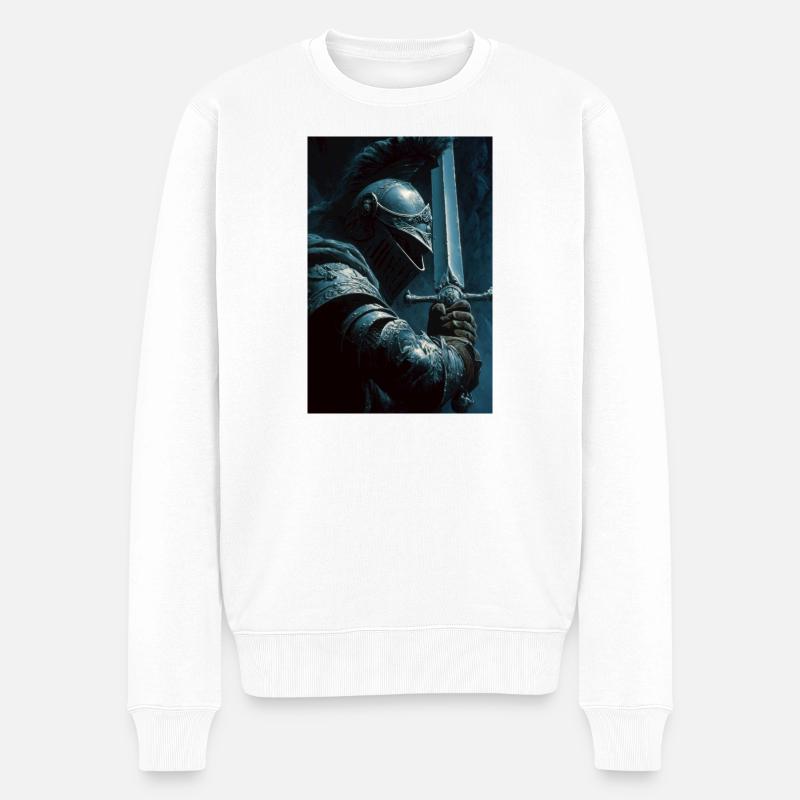 Dunkler Ritter mit silbernem Schwert - Männer Premium Bio Pullover - Weiß
