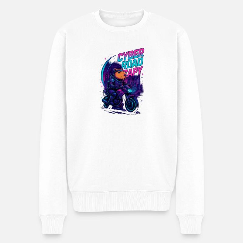 Cyber Road Capy – Futuristic Capybara Rider - Männer Premium Bio Pullover - Weiß