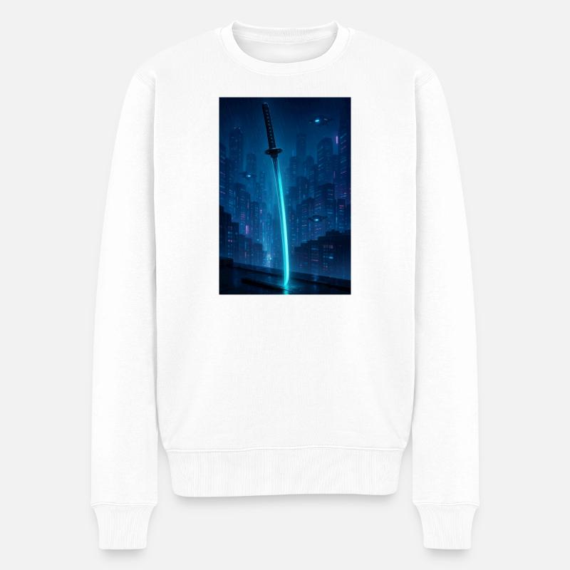 Neon Katana über Regenstadt - Männer Premium Bio Pullover - Weiß