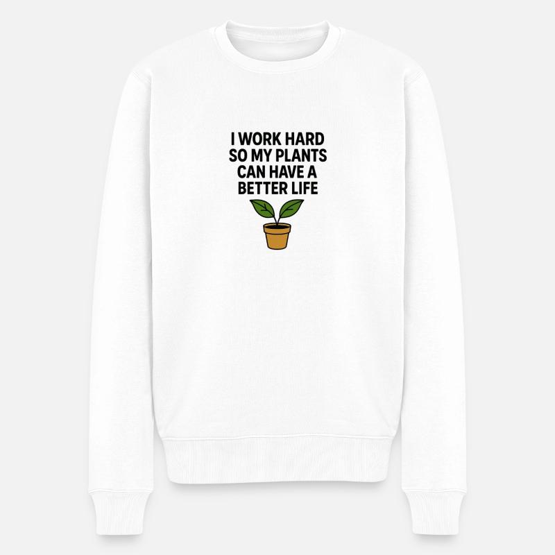 Ich arbeite hart für bessere Pflanzen - Männer Premium Bio Pullover - Weiß