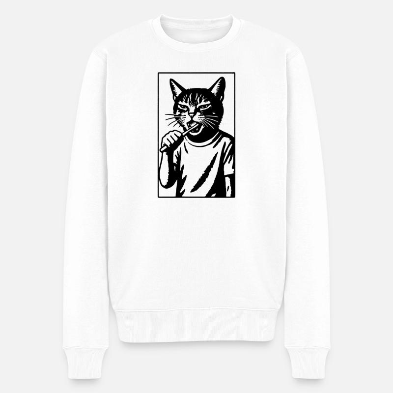 Zahnputz-Katze im Strichstil - Männer Premium Bio Pullover - Weiß