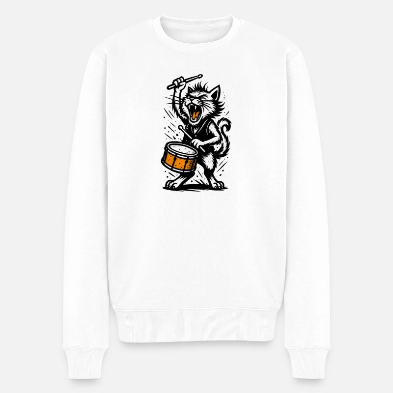 Katzen-Drummer im Sturm - Männer Premium Bio Pullover - Weiß