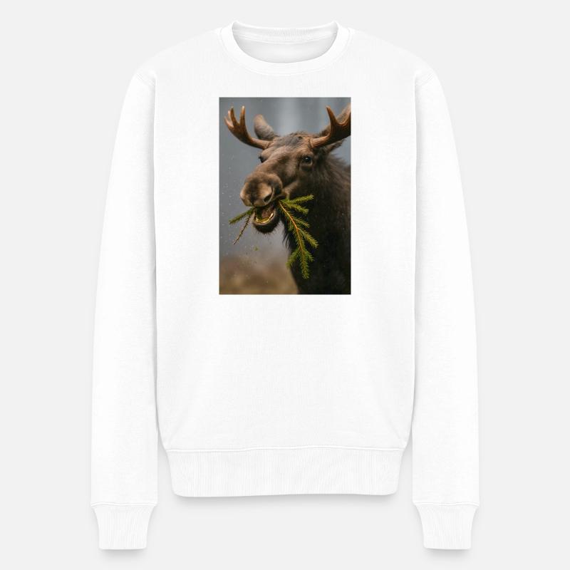 Elch im Schnee mit Fichtenzweigen - Männer Premium Bio Pullover - Weiß