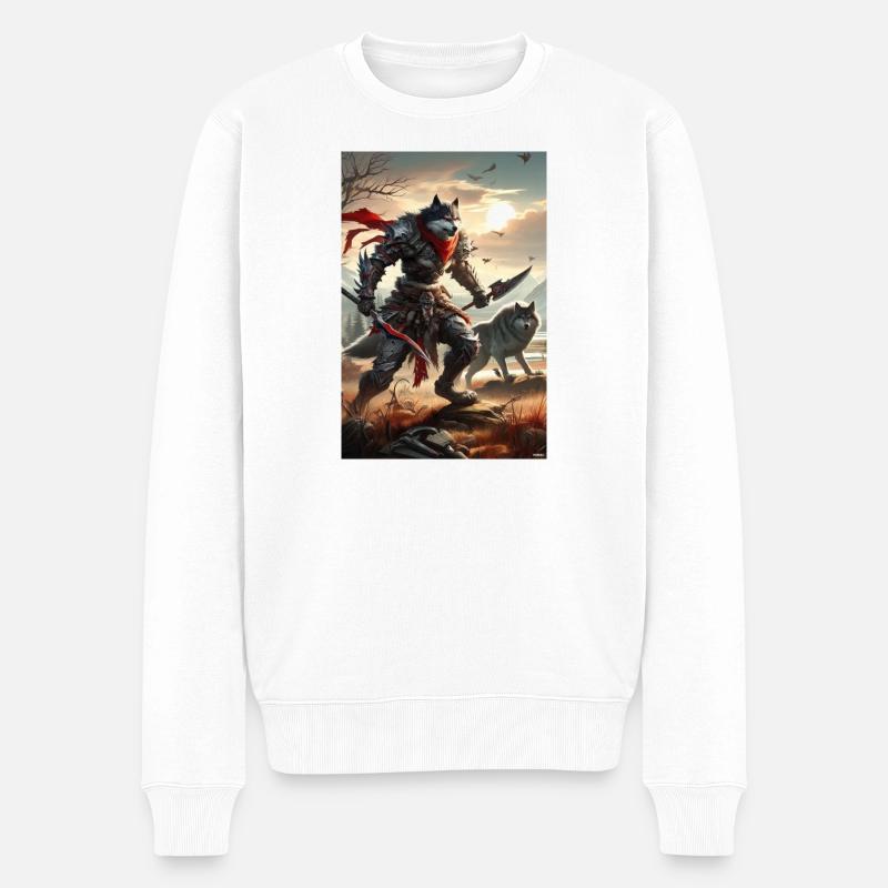 Eisenwolf-Krieger bei Sonnenuntergang - Männer Premium Bio Pullover - Weiß