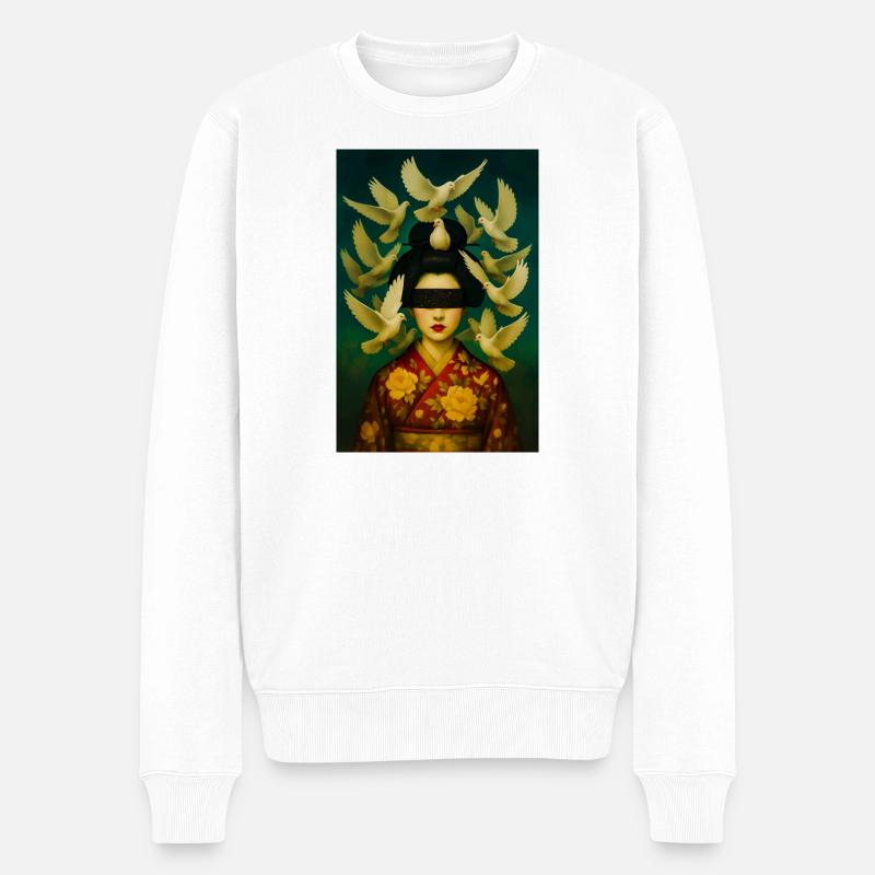 Geisha mit Tauben-Halo - Männer Premium Bio Pullover - Weiß