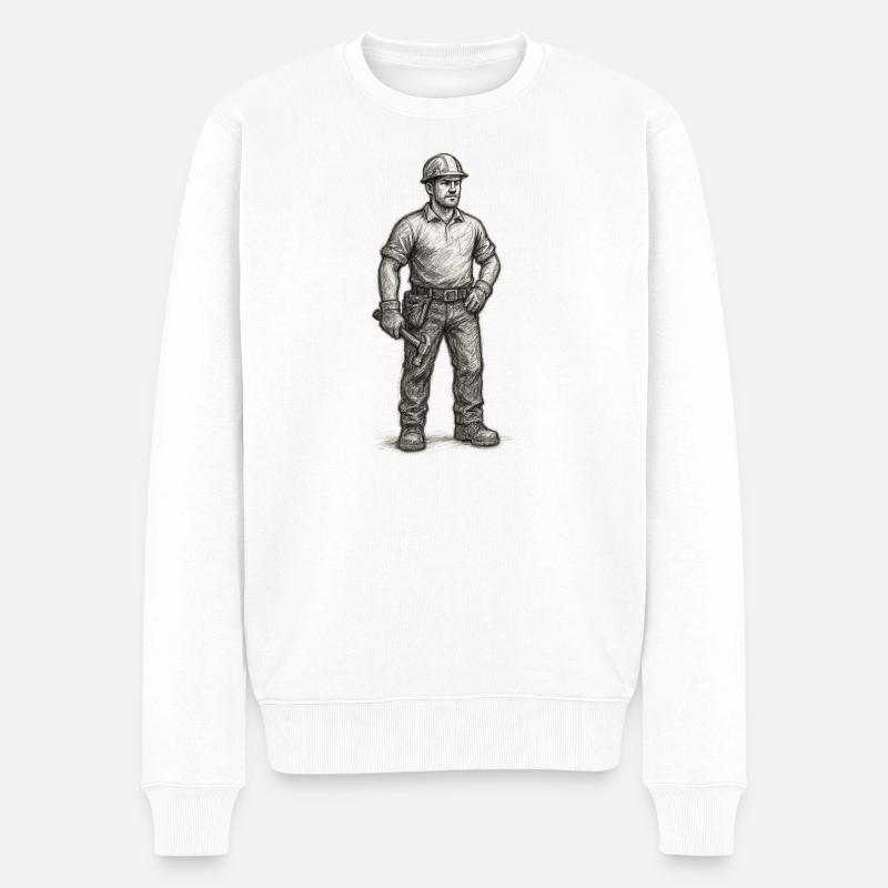 Grob skizzierter Bauarbeiter mit Hammer - Männer Premium Bio Pullover - Weiß