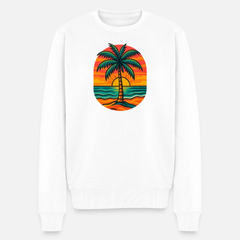 Sonnenuntergangspalme am Strand - Männer Premium Bio Pullover - Weiß