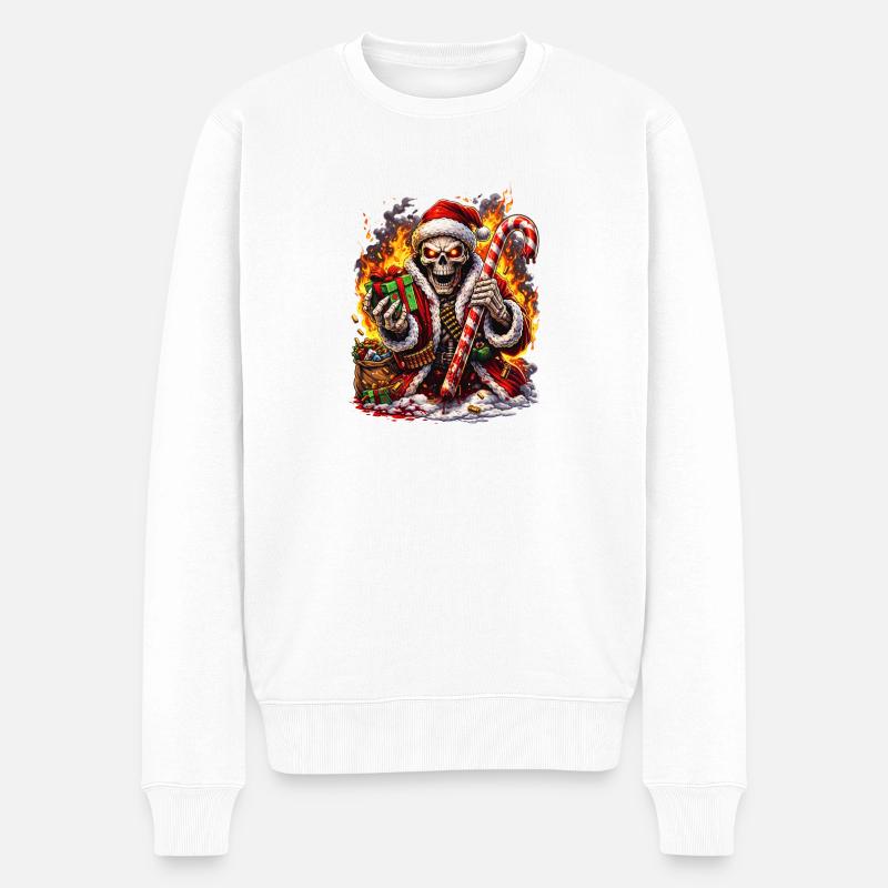 Feuer-Skelett Santa mit Zuckerstange - Männer Premium Bio Pullover - Weiß