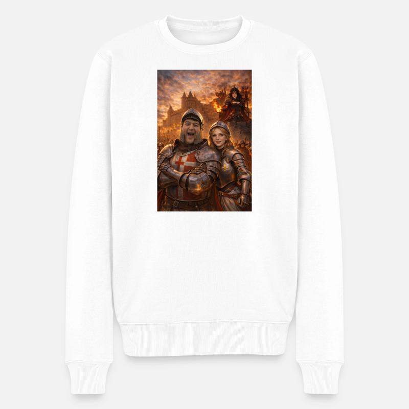 Ritterpaar und Feuergestalt - Männer Premium Bio Pullover - Weiß