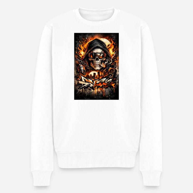 Urbaner Totenkopf mit Flammen Skyline - Männer Premium Bio Pullover - Weiß