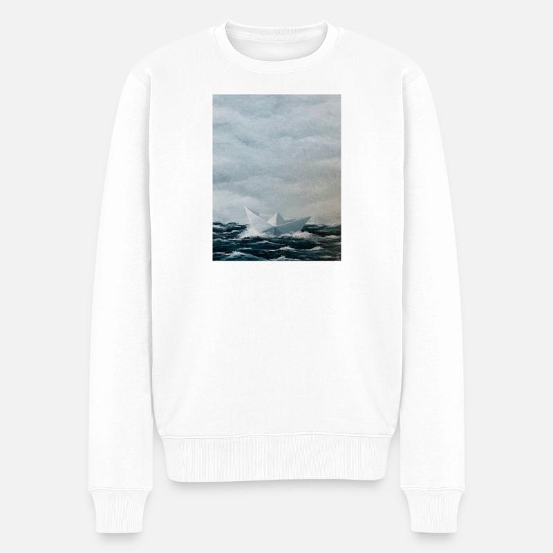 Origami-Schiff auf rauer See - Männer Premium Bio Pullover - Weiß