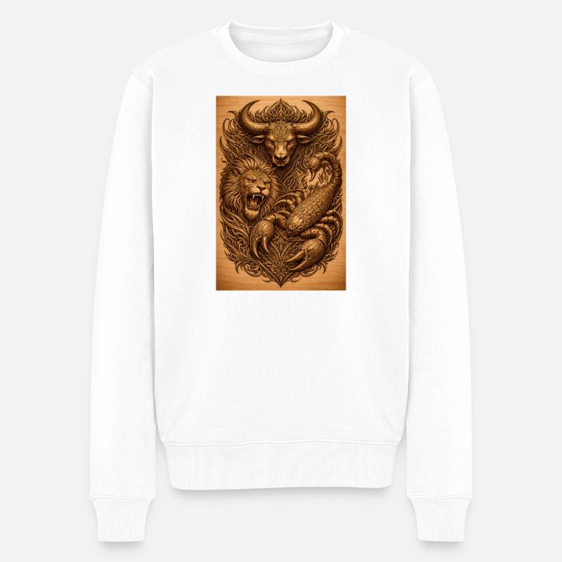 Estampe sur bois du Lion Taureau Scorpion - Pull Premium bio Homme - blanc