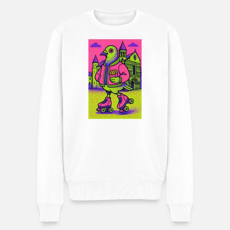 Neon_Pigeon_Roller-skater_2 - Männer Premium Bio Pullover - Weiß