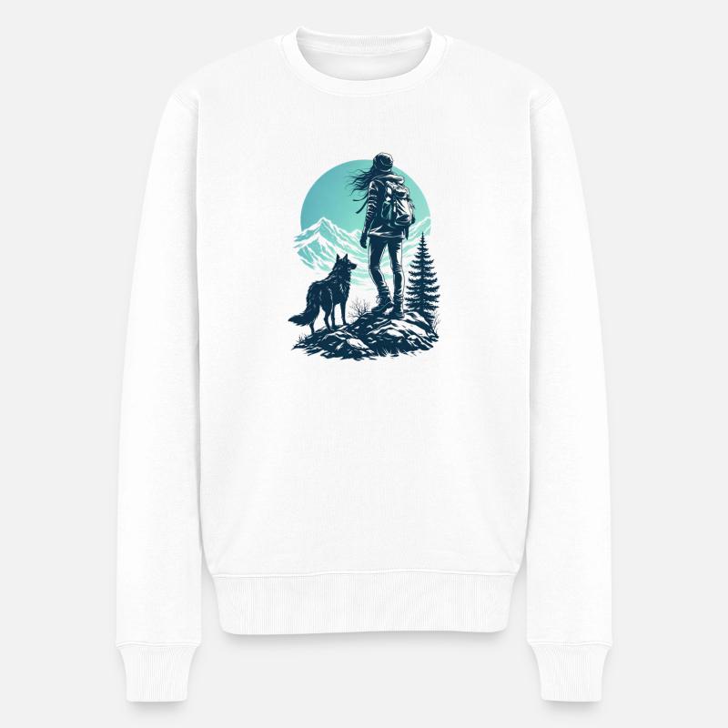 Wolf und Cyan Sky Wanderung - Männer Premium Bio Pullover - Weiß