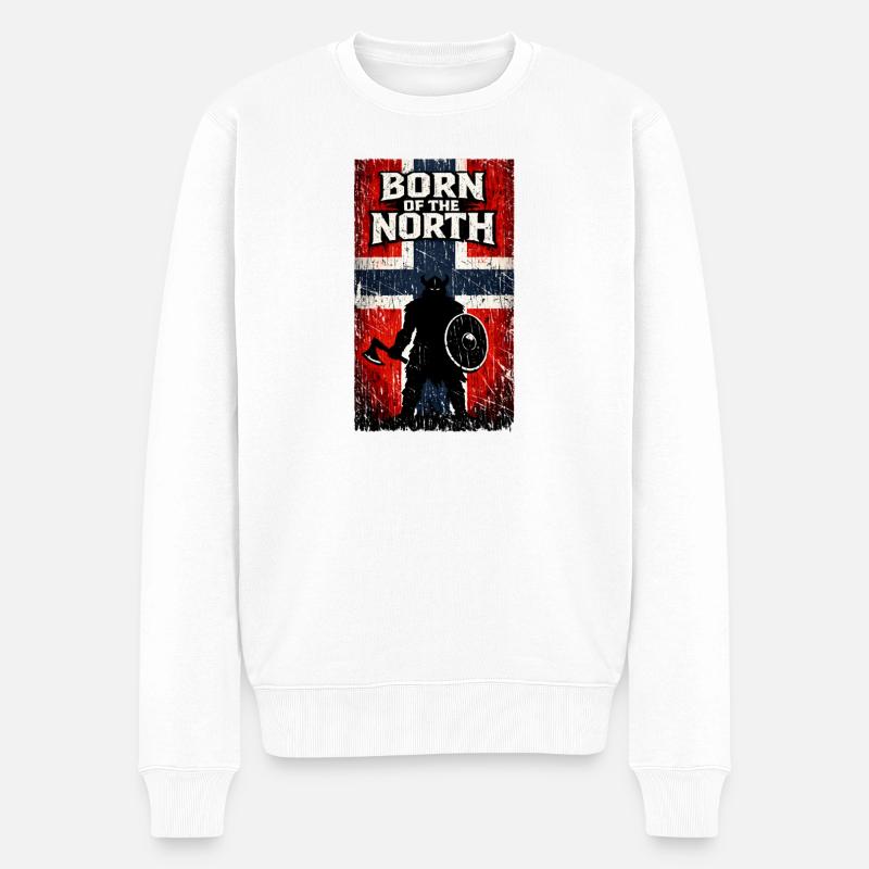 Geboren im Norden – Wikingerkrieger-Norwegen-Flagge - Männer Premium Bio Pullover - Weiß