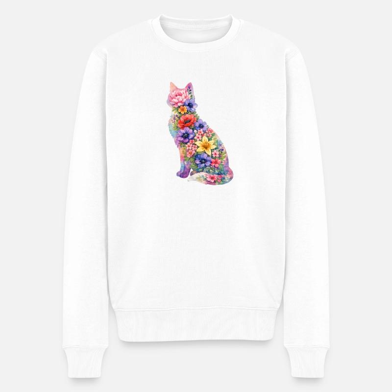 Katze Blumen Bunt - Männer Premium Bio Pullover - Weiß