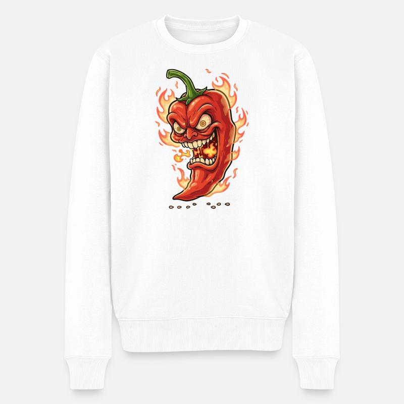 Flammender Chili-Gesicht - Männer Premium Bio Pullover - Weiß