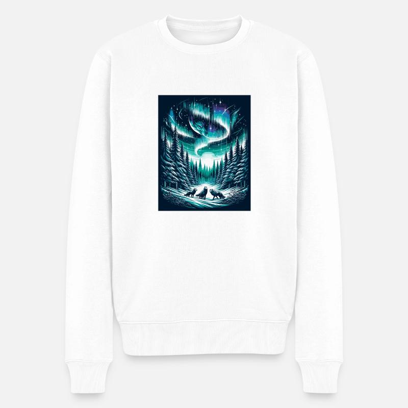 Mystische Nordlichter und Wolfsrudel - Männer Premium Bio Pullover - Weiß