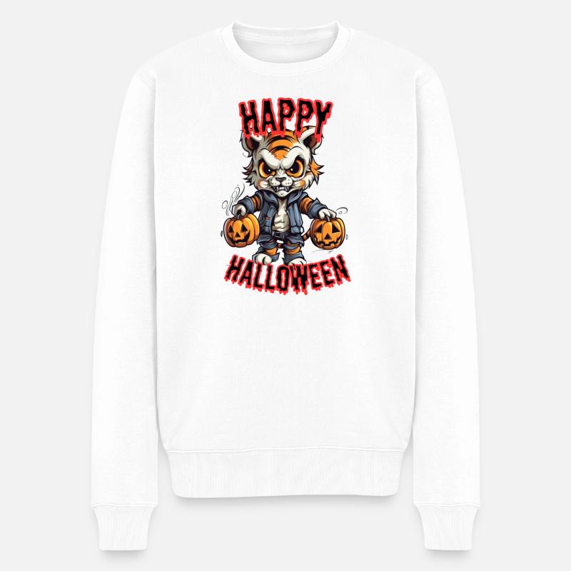 Gruseliger Tigermit Halloween Design - Männer Premium Bio Pullover - Weiß