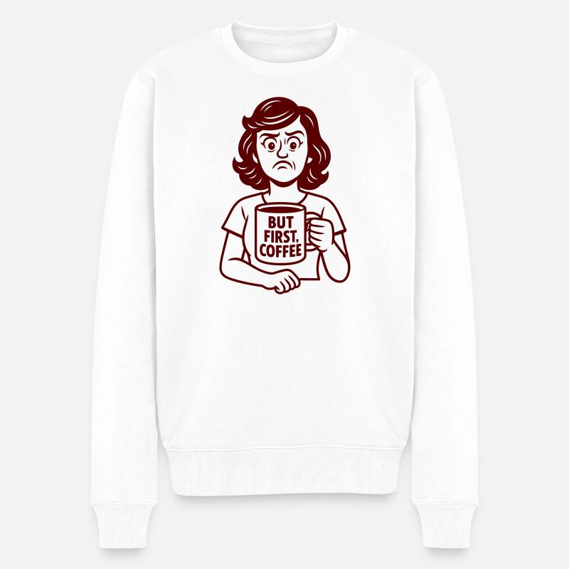 Morgenmuffel Frau mit Kaffee - Männer Premium Bio Pullover - Weiß