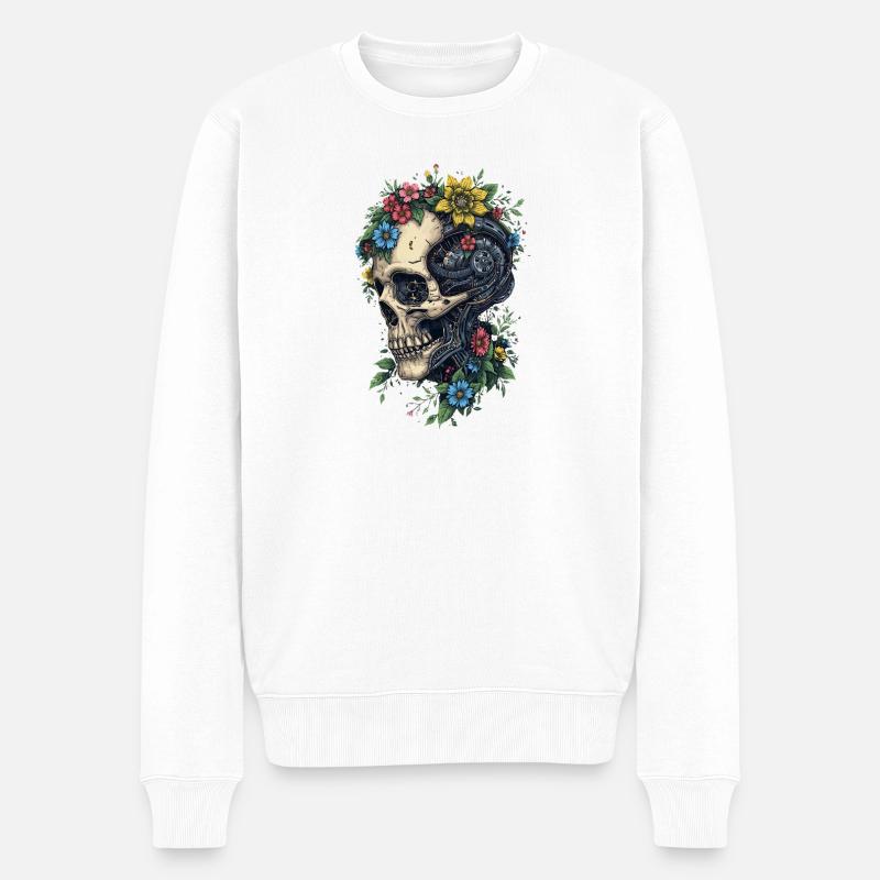 Blumen-Schädel- und Steampunk-Maschine - Männer Premium Bio Pullover - Weiß