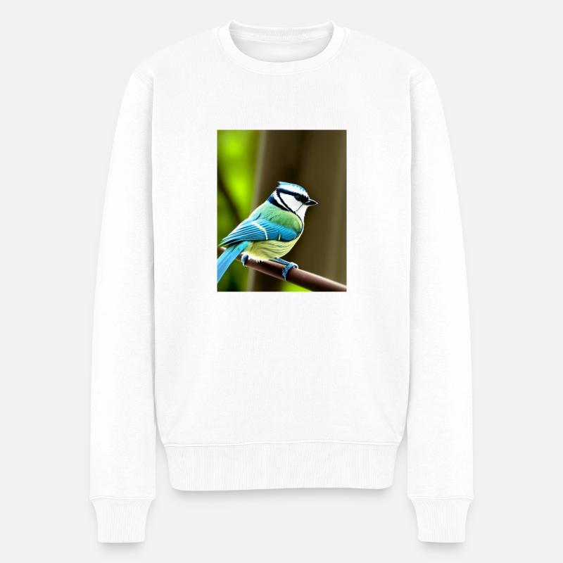 Cooles Comic-Porträt einer Blaumeise im Wald - Männer Premium Bio Pullover - Weiß