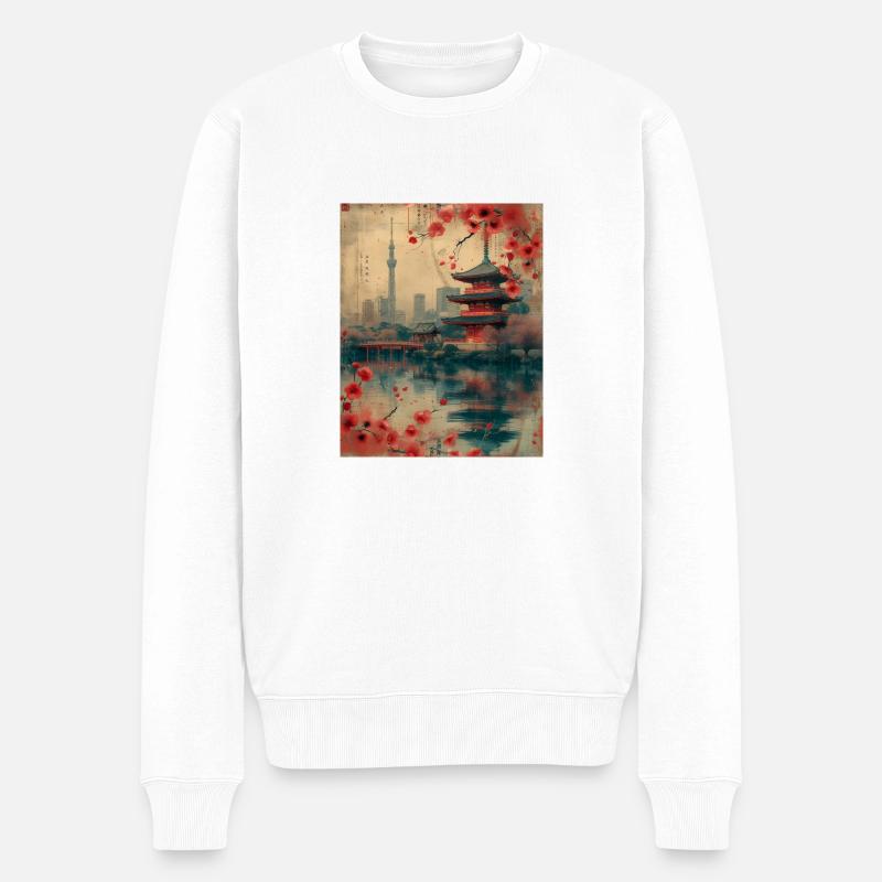 Eastern Harmony: Vintage-Skyline von Tokio mit Kirsche - Männer Premium Bio Pullover - Weiß