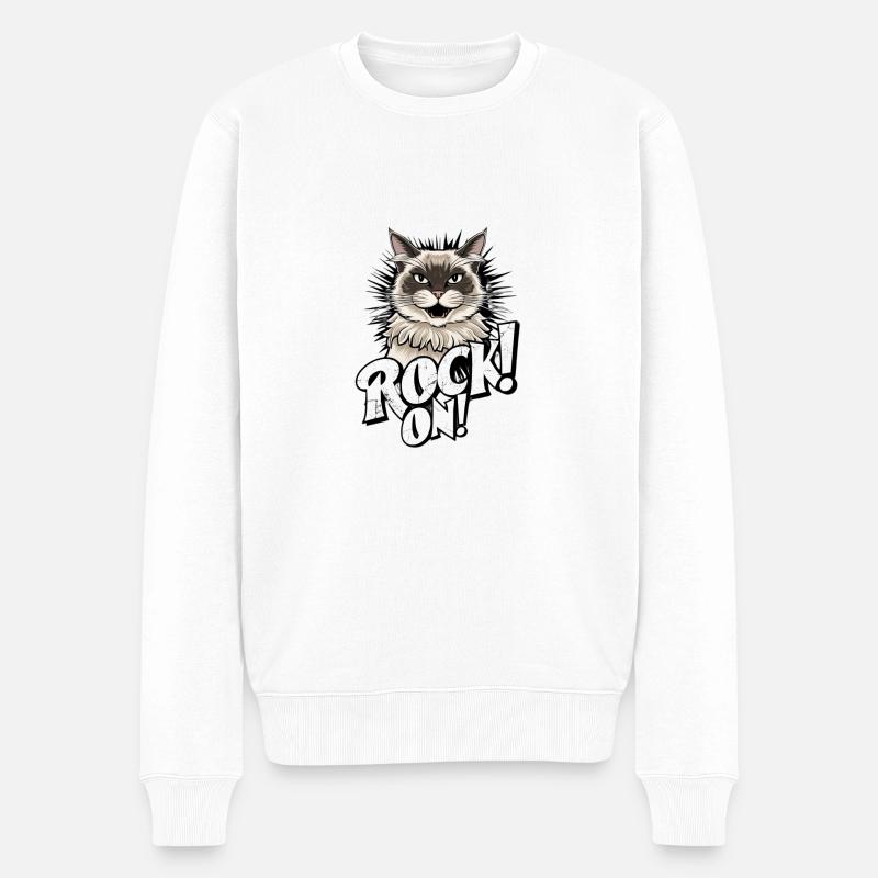 Katze - Rock on - Männer Premium Bio Pullover - Weiß