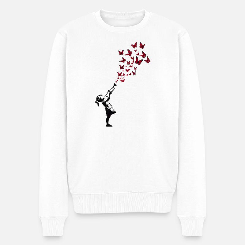 Mädchen mit Trompete Schmetterling Streetart Stil - Männer Premium Bio Pullover - Weiß