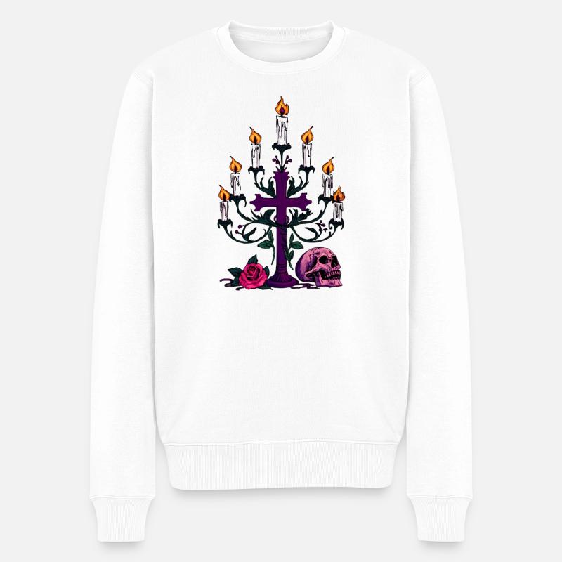 Kerzenständer, Menschenschädel, Rosenblüte - Männer Premium Bio Pullover - Weiß