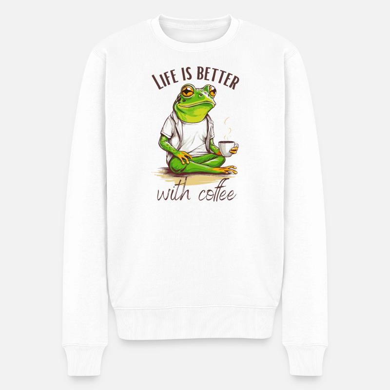Kaffee Liebe Entspannter Frosch mit Tasse - Männer Premium Bio Pullover - Weiß