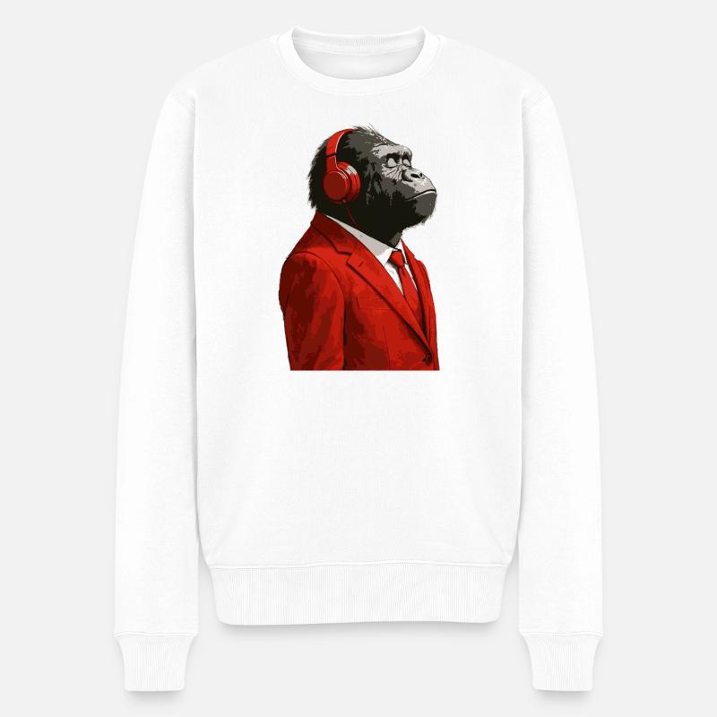 Gorilla im Anzug mit Kopfhörern - Männer Premium Bio Pullover - Weiß