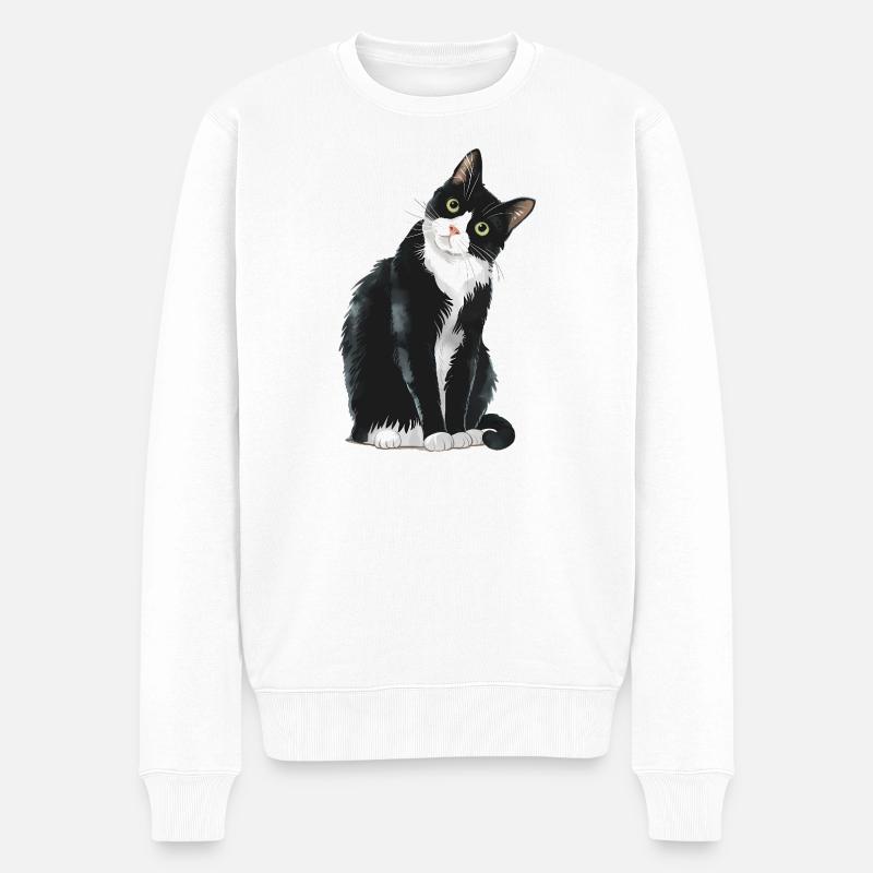 Schwarz-weiße Katze - Männer Premium Bio Pullover - Weiß